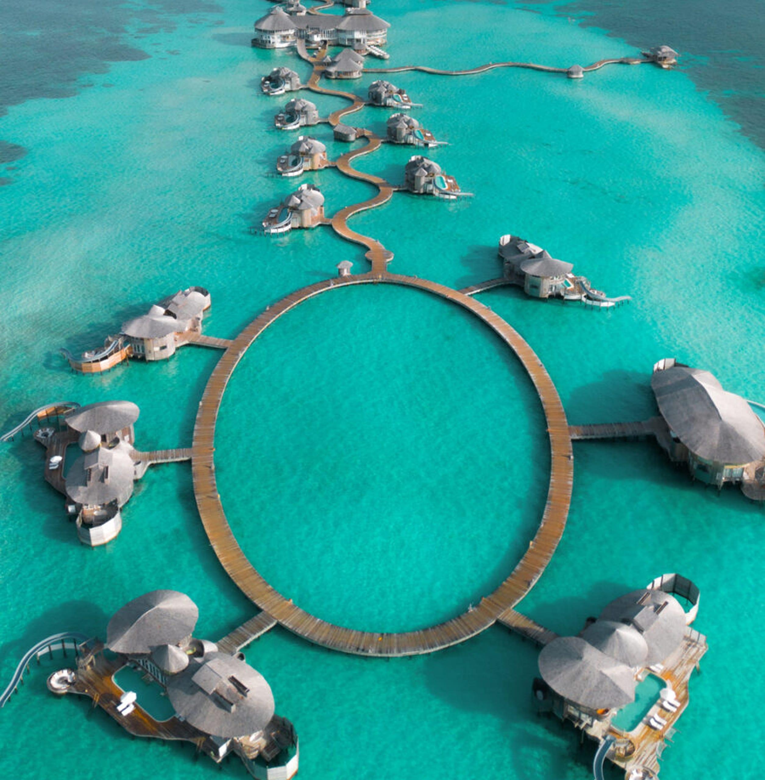 A reef system seen from above the lagoon surface